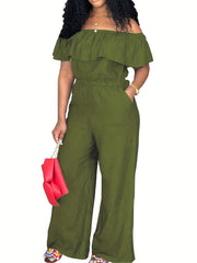 Plus Size Olive Green Off-Shoulder Jumpsuit Wide-Leg Romper for Women
