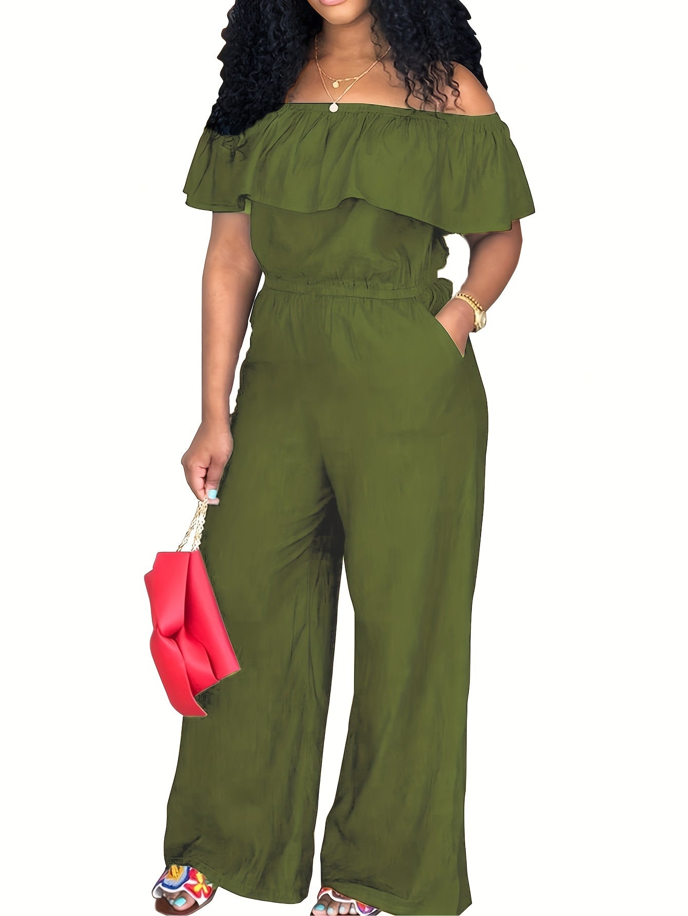 Plus Size Olive Green Off-Shoulder Jumpsuit Wide-Leg Romper for Women