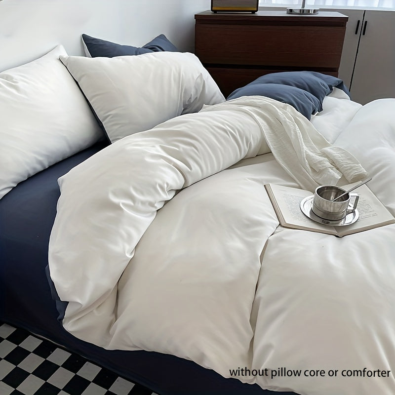 Set of 3 Solid Color Double Stitch Quilt Cover Sets in White Blue Gray with Pillowcases