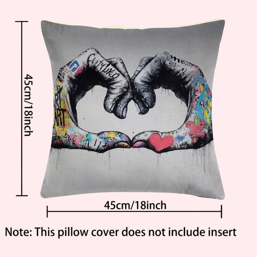 Graffiti Love Hands Cushion Cover 45.72cm Polyester Decorative Pillowcase with Zip Closure for Living Room Bedroom