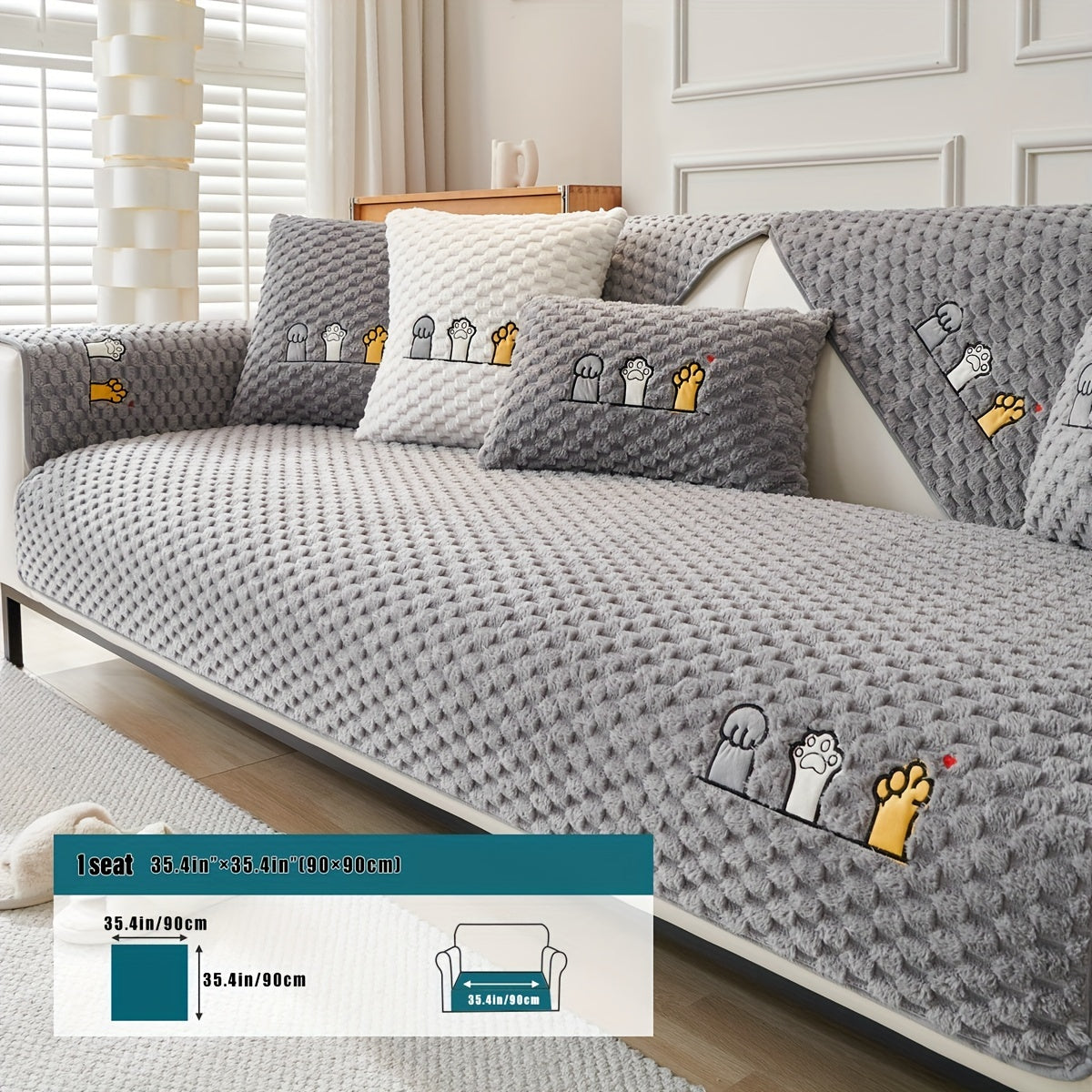 Funda de sofá de terciopelo con bordado de perro de dibujos animados, antideslizante, de felpa gruesa, protector de muebles