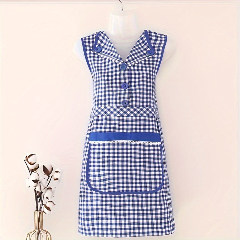 Классный клетчатый хлопковый кухонный фартук с передним карманом, безрукавный фартук в стиле платья с V-образным вырезом из трикотажной ткани, с регулируемым завязкой, модный фартук для женщин, изготовленный из смеси хлопка и полиэстера.