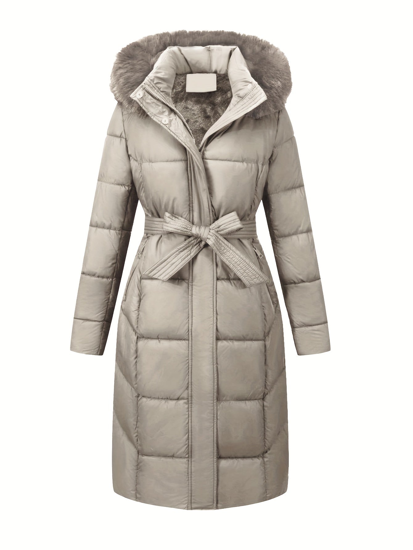 Women's Midi Winter Coat with Faux Fur Hood Belt Solid Polyester Outerwear