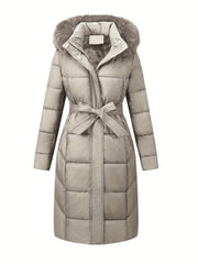 Women's Midi Winter Coat with Faux Fur Hood Belt Solid Polyester Outerwear