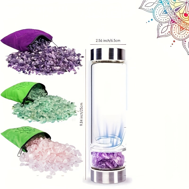 Glass Water Bottle with Amethyst Insert and Protective Cover