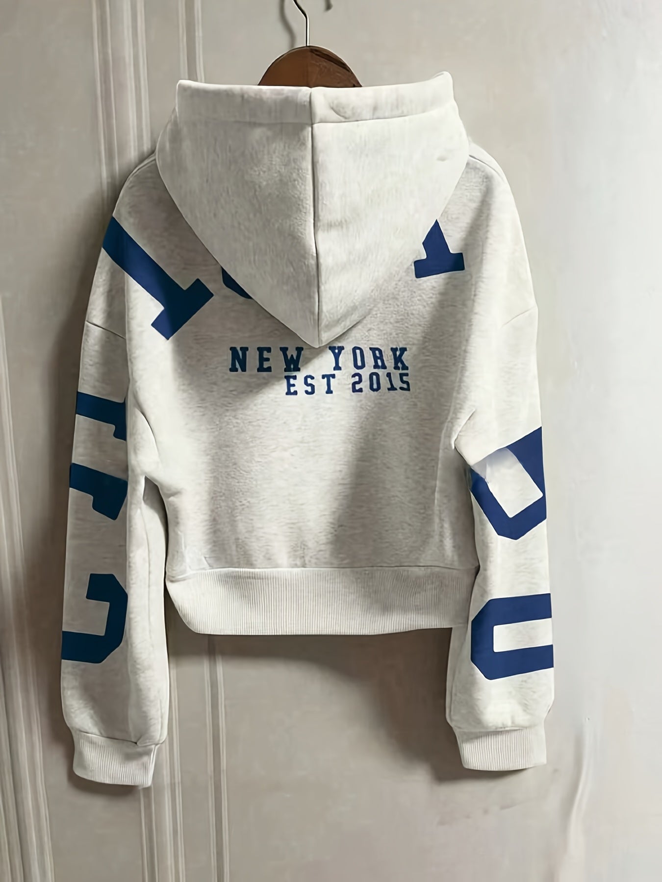 Women's Light Gray Zip-Up Hoodie with Blue Letter Print Y2K Style Casual Knit Fabric