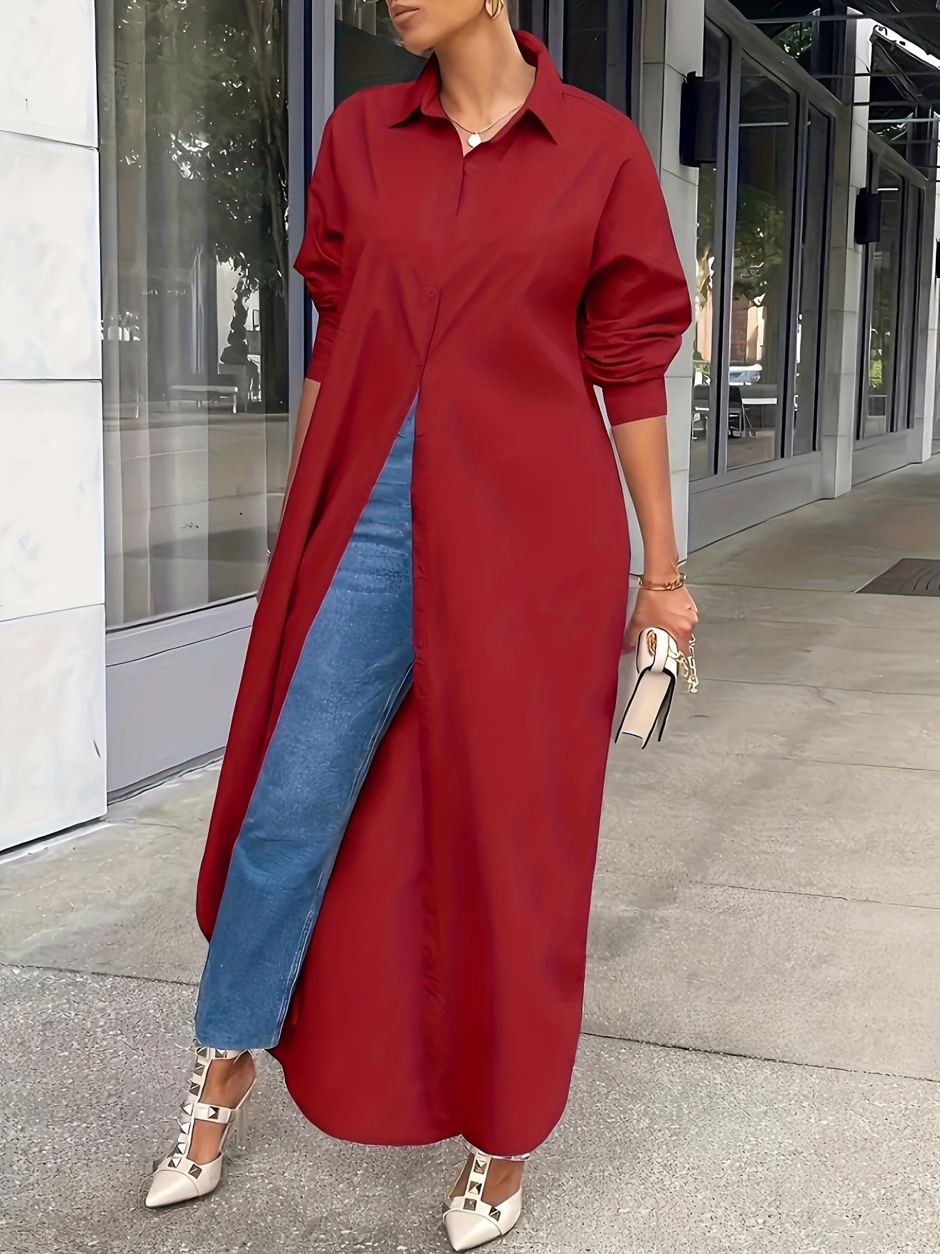 Vestido casual de talla grande para mujer con manga larga, cuello de solapa y botones