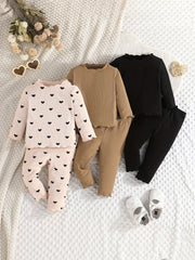Girls' 3-Piece Long Sleeve Outfit Set with Heart Pattern Brown Black Polyester All-Season