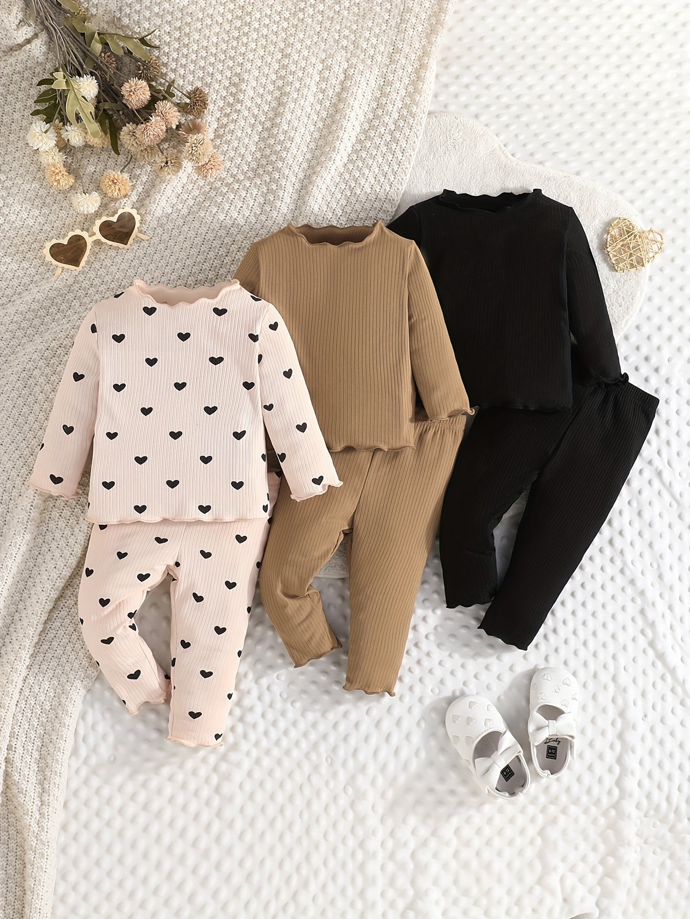 Girls' 3-Piece Long Sleeve Outfit Set with Heart Pattern Brown Black Polyester All-Season
