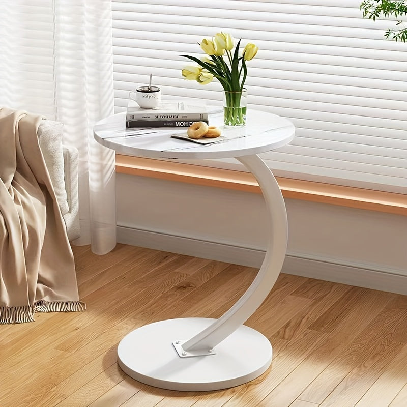 Mesita de metal y madera con acabado en roble, almacenamiento, base pedestal que ahorra espacio