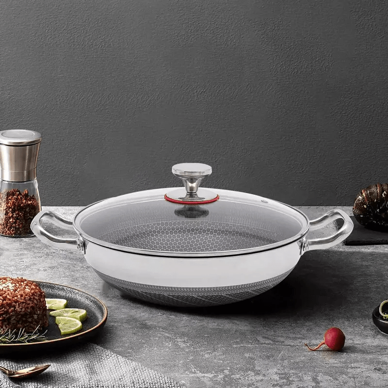 Stainless Steel Wok Pan 32/34/36cm Non-Stick Induction Gas Safe Honeycomb Design
