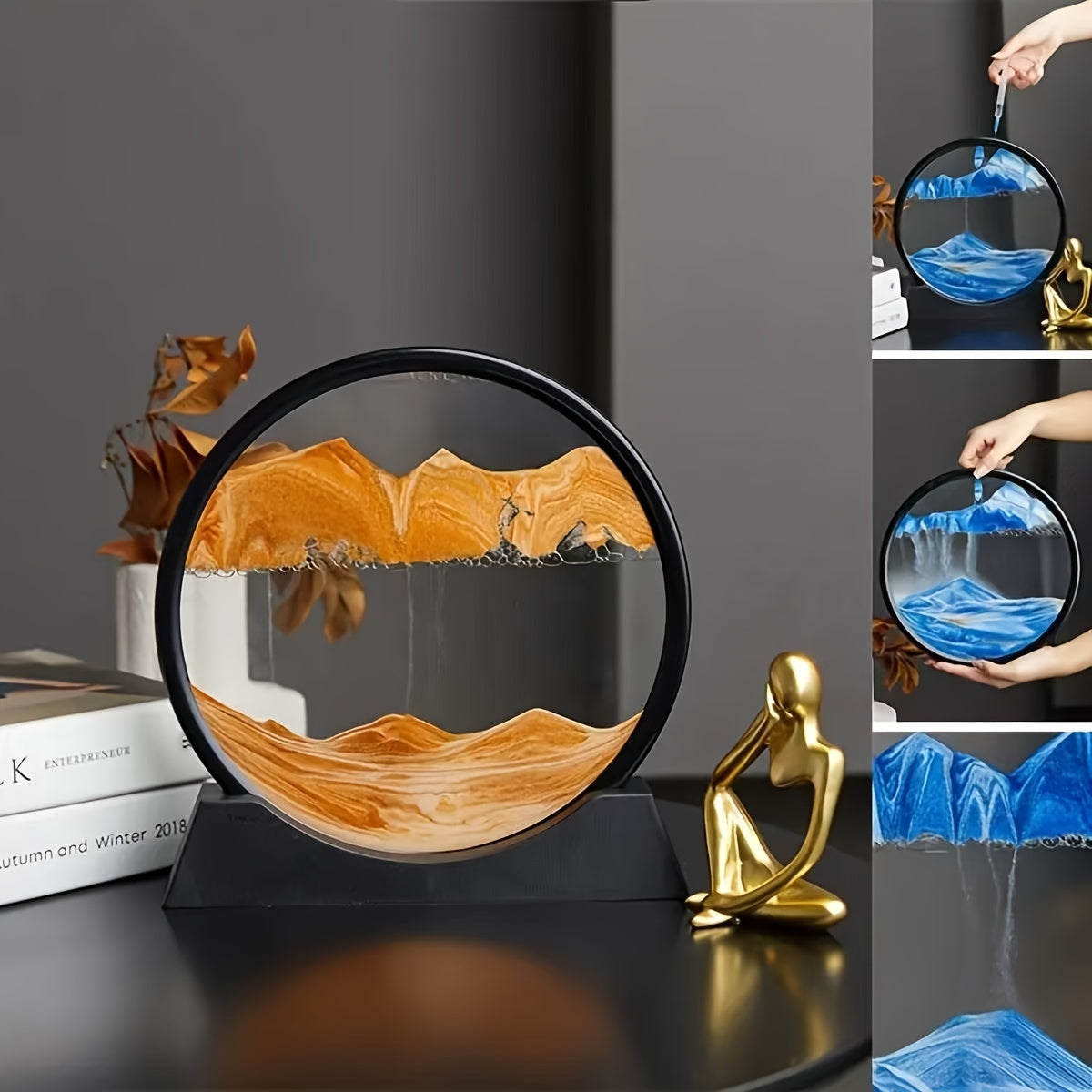 Blue Glass Sand Art Dome for Desk Decor Office and Home