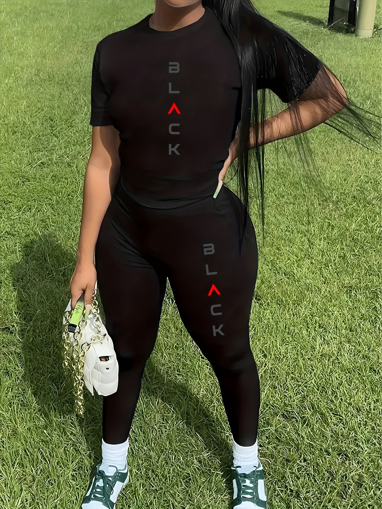 Women's Summer Sports Set Long Pants Short Sleeve Letter Print Elastic