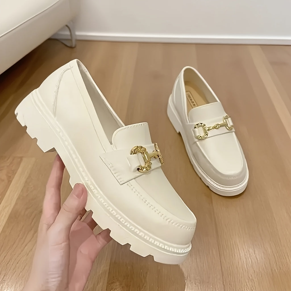 Women Retro Chunky Sole Slip-On Loafers EVA Upper Beige White Casual Shoes