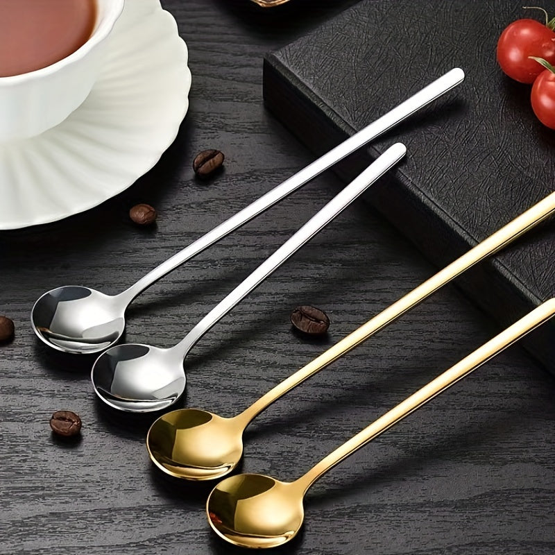 Set of 4 Gold Stainless Steel Long-Handled Spoons for Coffee, Ice Cream, and Honey