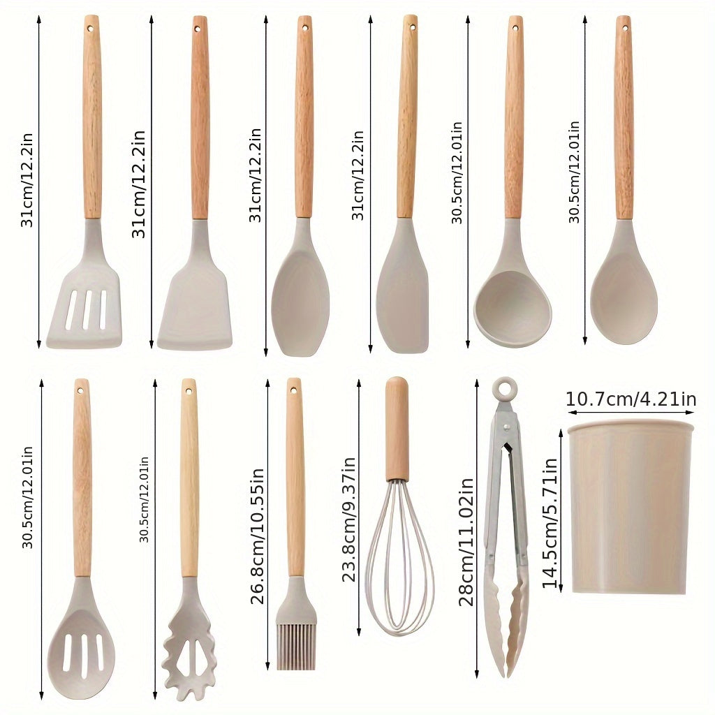 Juego de 12 utensilios de silicona para cocina con mangos de madera, antiadherente, kaki