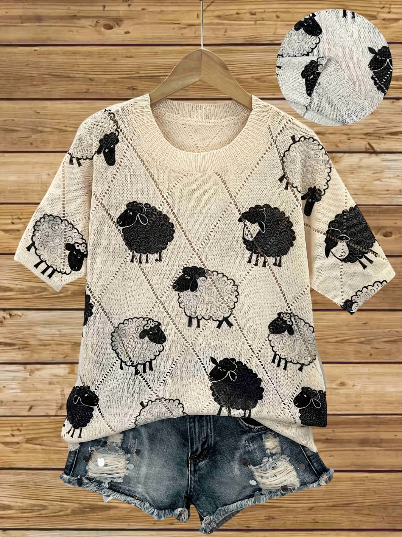 Women's Short Sleeve Sweater with Sheep Print Light Beige Oversized Casual Top
