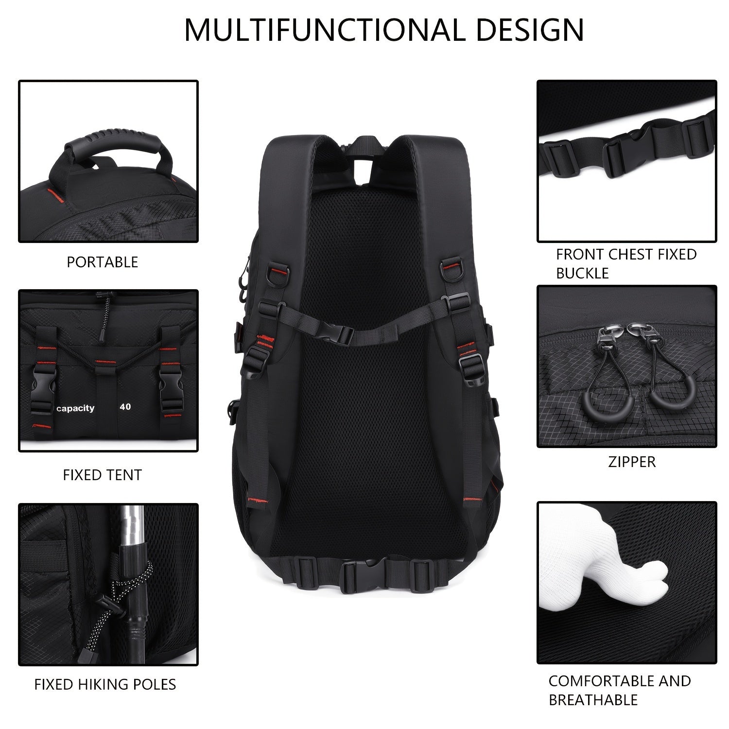 40L Hiking Backpack with Laptop Compartment USB Powered Adjustable Straps for Men and Women