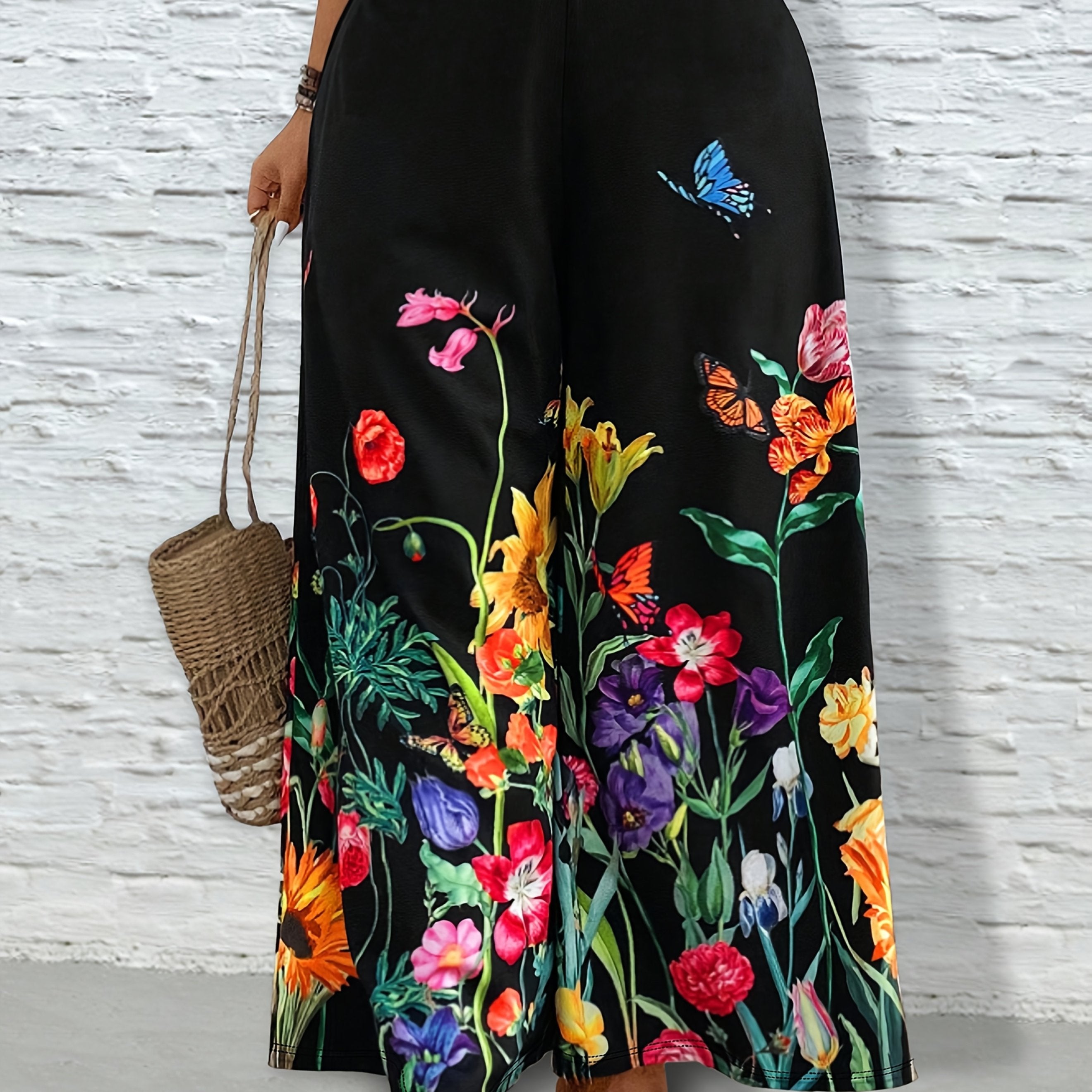 Plus Size Women's Wide-Leg Floral Pants Black Vibrant Print Casual
