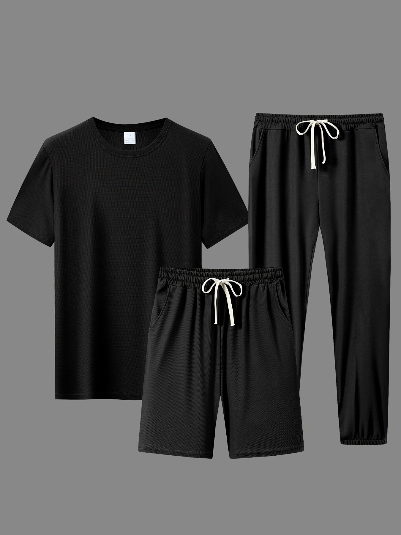 Men's Polyester Casual Sports Outfit with Short-Sleeve T-Shirt Shorts and Long Pants for Running and All-Season