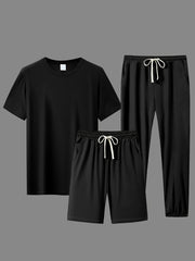 Men's Polyester Casual Sports Outfit with Short-Sleeve T-Shirt Shorts and Long Pants for Running and All-Season