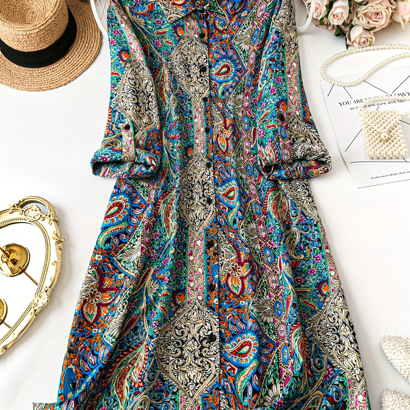 Plus Size Floral Blouse for Women Long Sleeve Button Collar Spring Fall Polyester Stretch