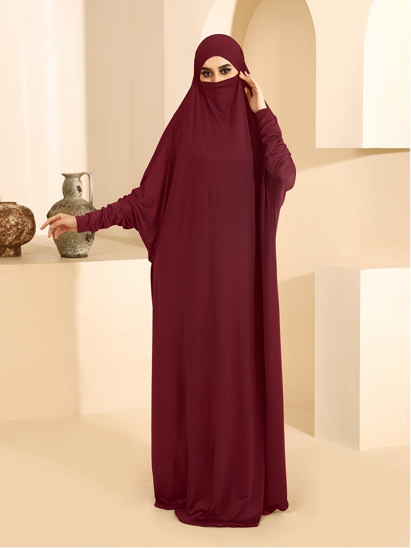 Plus Size Women Jersey Ramadan Abaya Batwing Sleeve Solid Color Islamic Dress