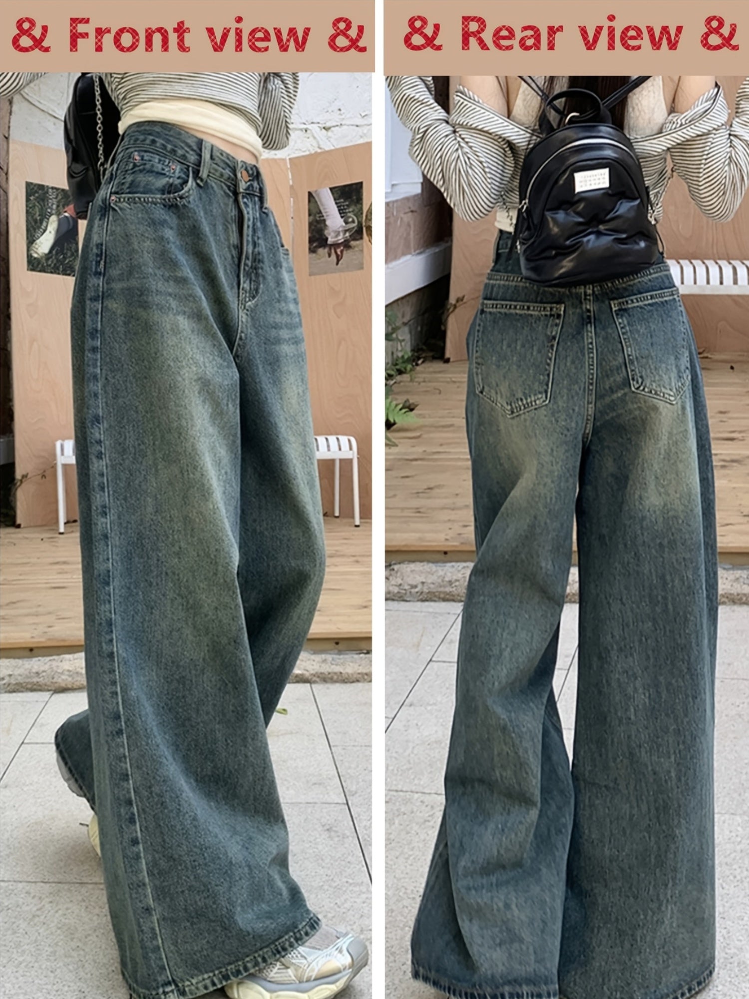 Women's High-Waisted Wide Leg Denim Jeans Casual Solid Color Non-Stretch Zipper Closure All Seasons