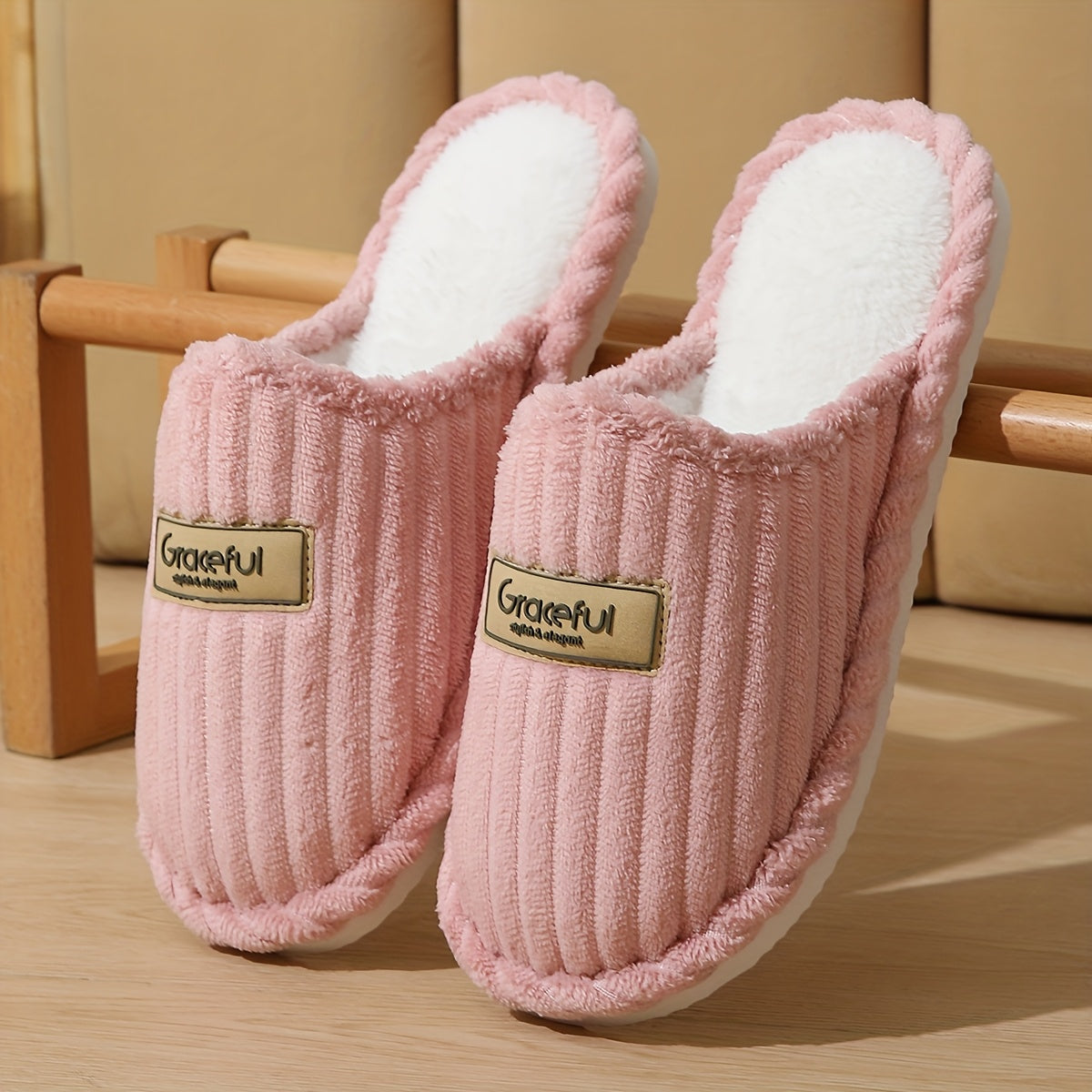 Women's Fleece Slippers with Striped Pattern Indoor/outdoor Non-slip Plush Sole