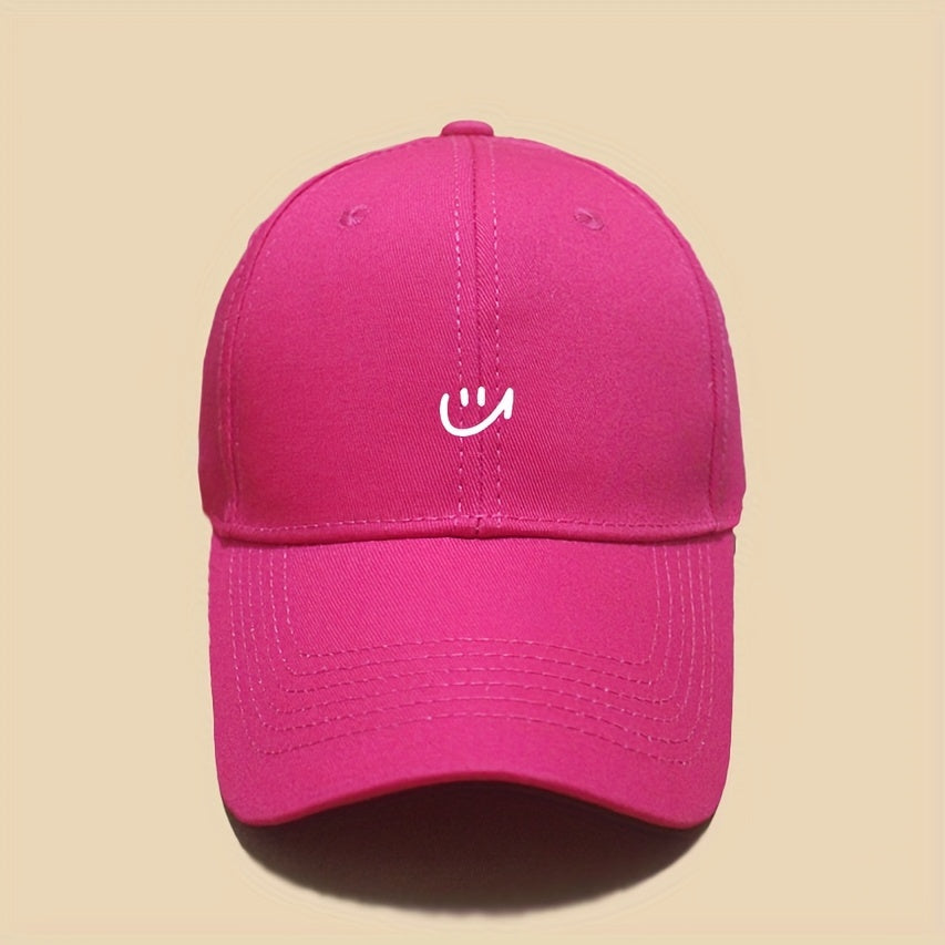 Women's Adjustable Baseball Cap with Joyful Face Print Lightweight Polyester Black White Stitching for Outdoor Sports Casual