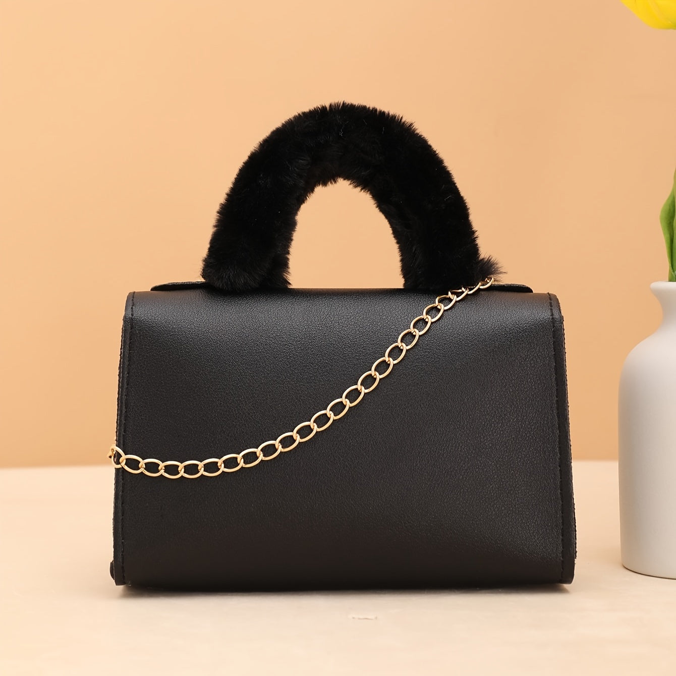 Crossbody Bag with Plush Handle Removable Strap for Daily Use Black White