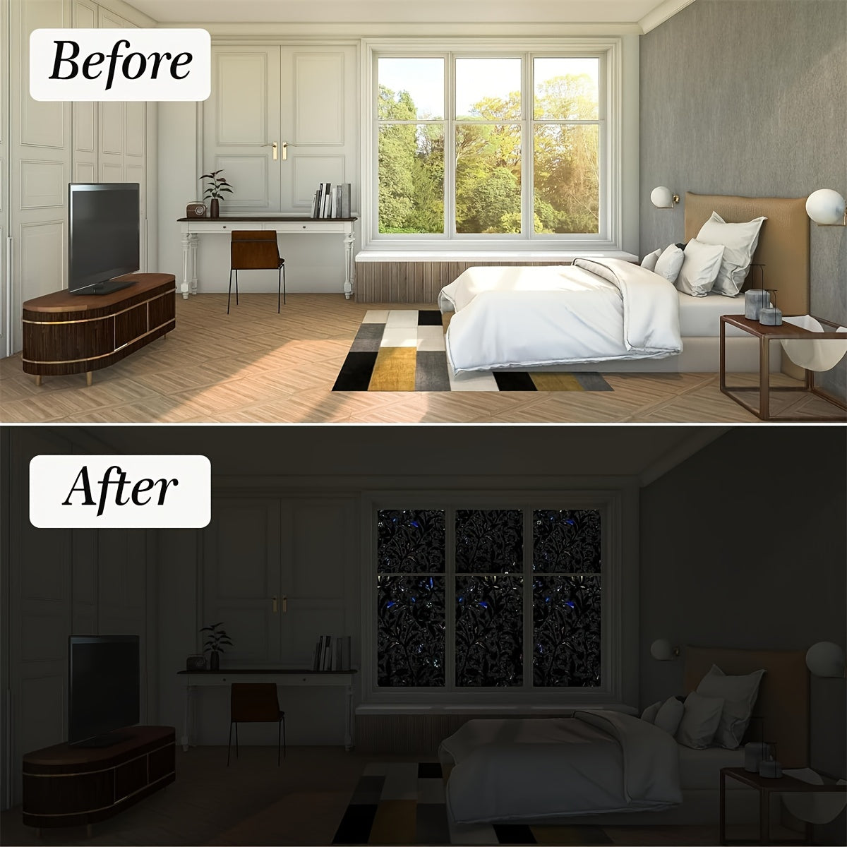 Black Tulip Glass Window Film Electrostatic Glueless Stickers for Home Office Decor