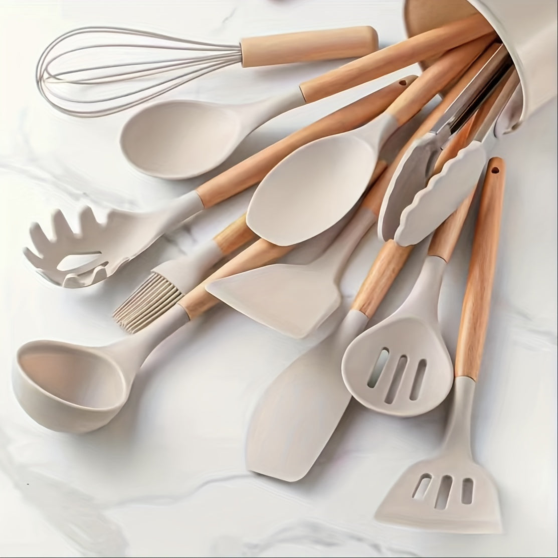 Juego de 12 utensilios de silicona para cocina con mangos de madera, antiadherente, kaki