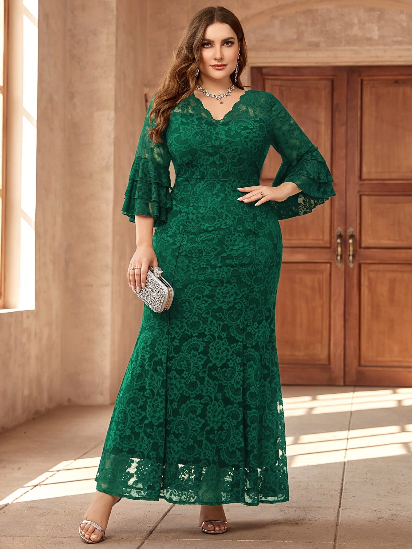 Plus Size Women’s Elegant V-Neck Long Evening Gown with Bell Sleeves