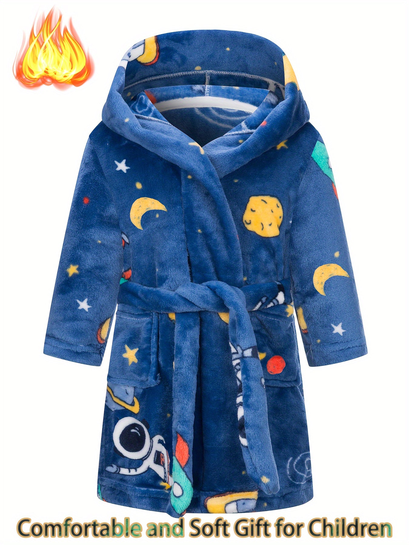 Children's Space-Themed Flannel Bathrobe with Hood Pockets for Kids 2-11