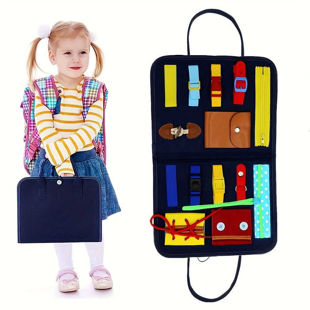 Interactive Felt Busy Board for Kids Educational Toy with Shoe Laces and Accessories Pink Blue