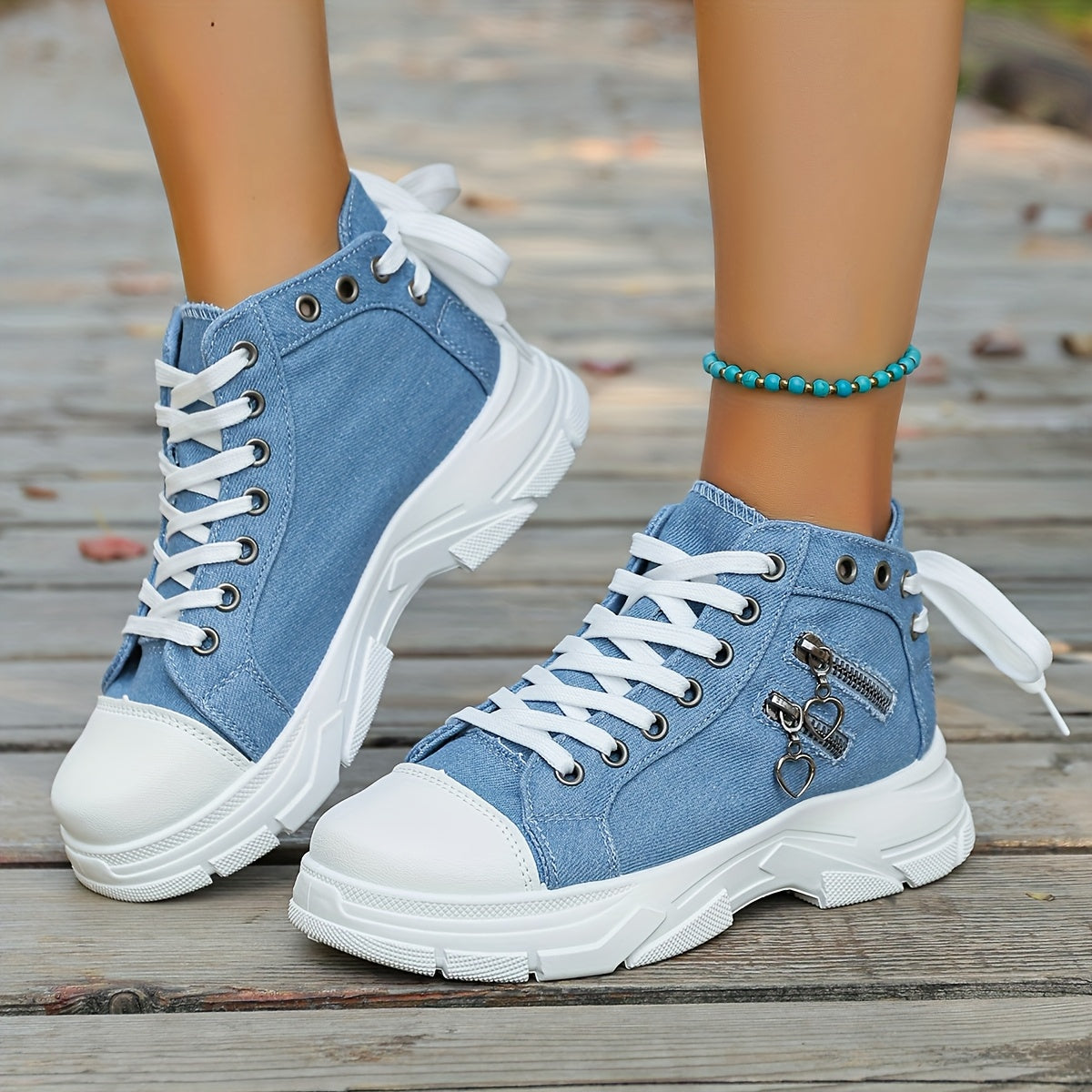 Men's Casual High-Top Sneakers Blue Denim Lace-Up Rubber Sole