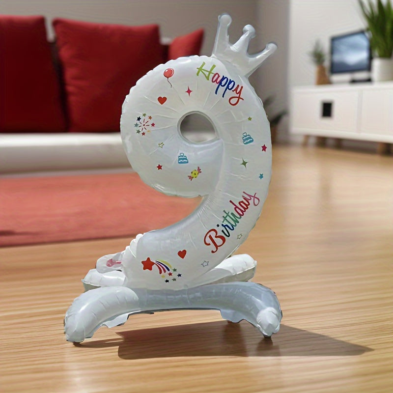 White 32-Inch Crown Number Balloon with Colorful Designs for Birthday Party
