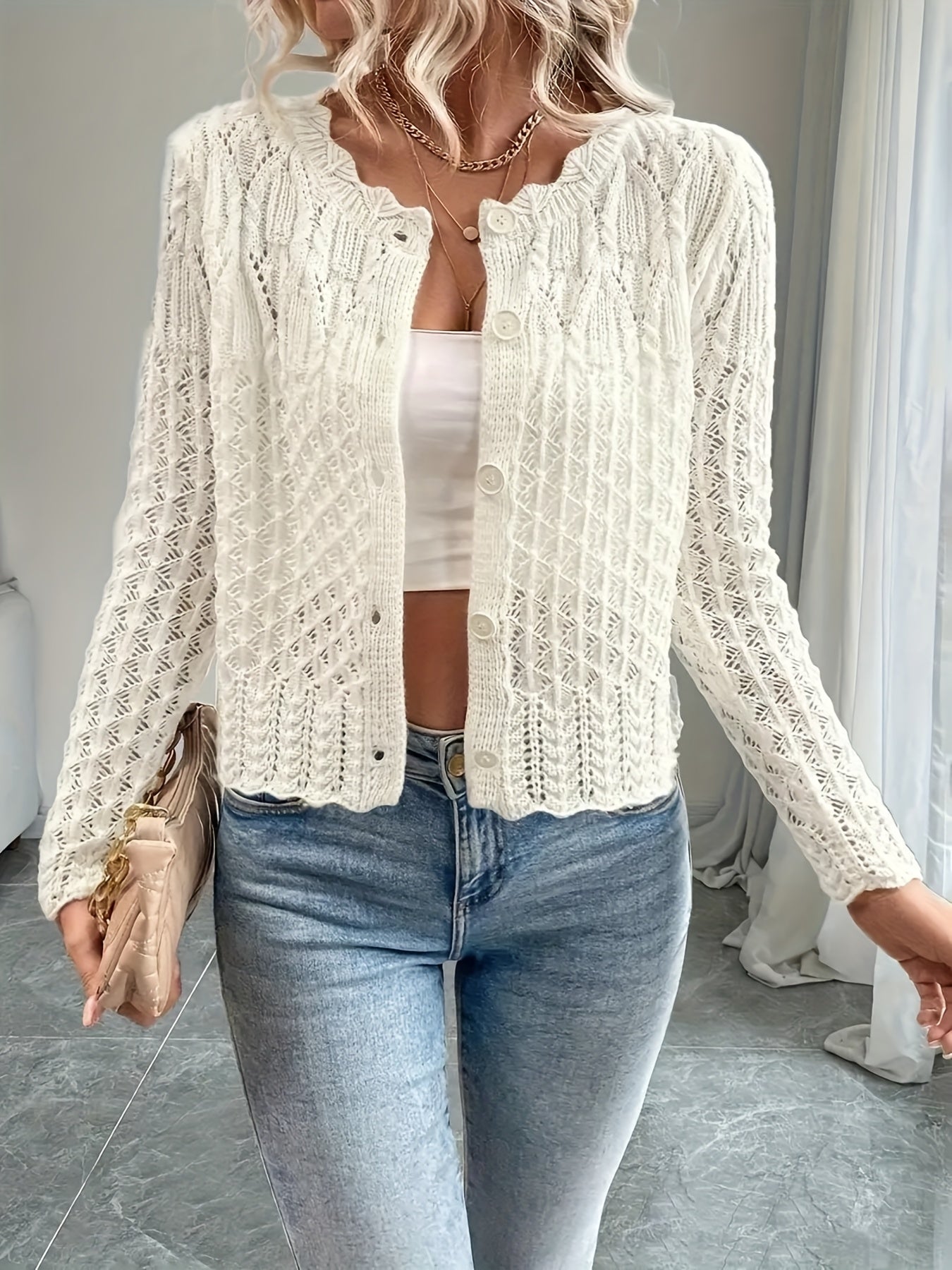 Plus Size Women Cable Pattern Long Sleeve Cardigan Beige Fall Winter Clothing