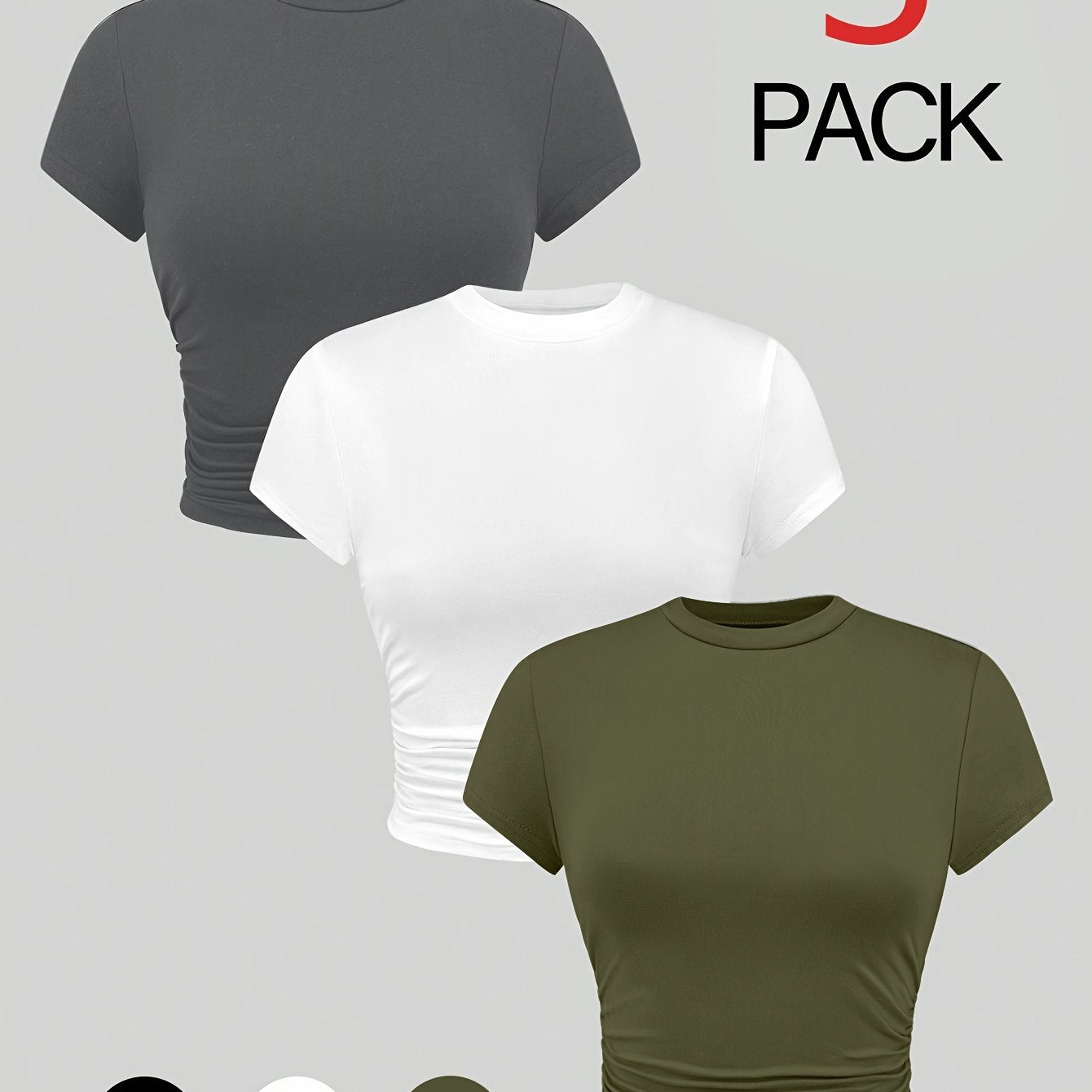 3-Pack Solid Side Ruched Women's Casual Crew Neck Short Sleeve T-Shirts for Spring Summer