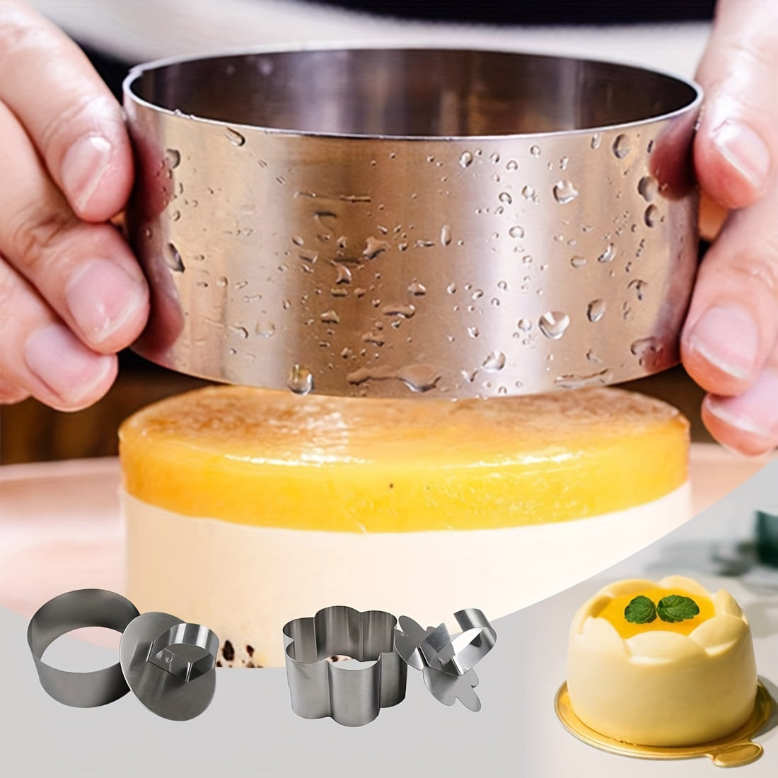 Stainless Steel Cake Mold Set with Push Plate Circular Heart Flower Shapes for Cheesecakes Pastries Cookies