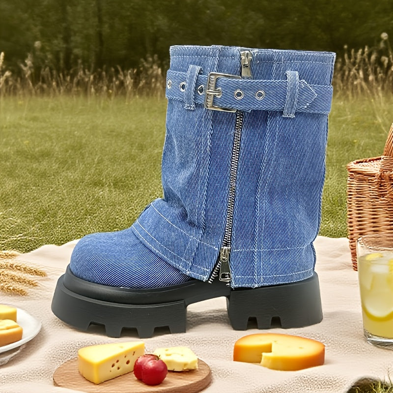 Women's Denim Mid-Calf Boots with Chunky Heel Rubber Sole Winter Comfort