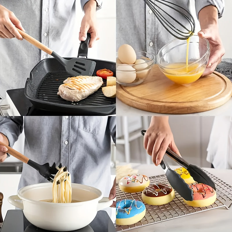 Silicone Cooking Utensil Set with Wooden Handles Non-Stick Heat Resistant Dishwasher Safe