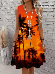Women's Plus Size Sleeveless Tropical Print Beach Dress with Vibrant Orange Sunset Palm Design