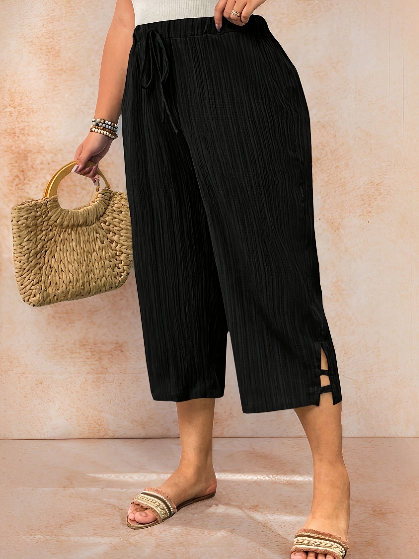 Women's Solid Color Wide-Leg Pants with Elastic Waistband