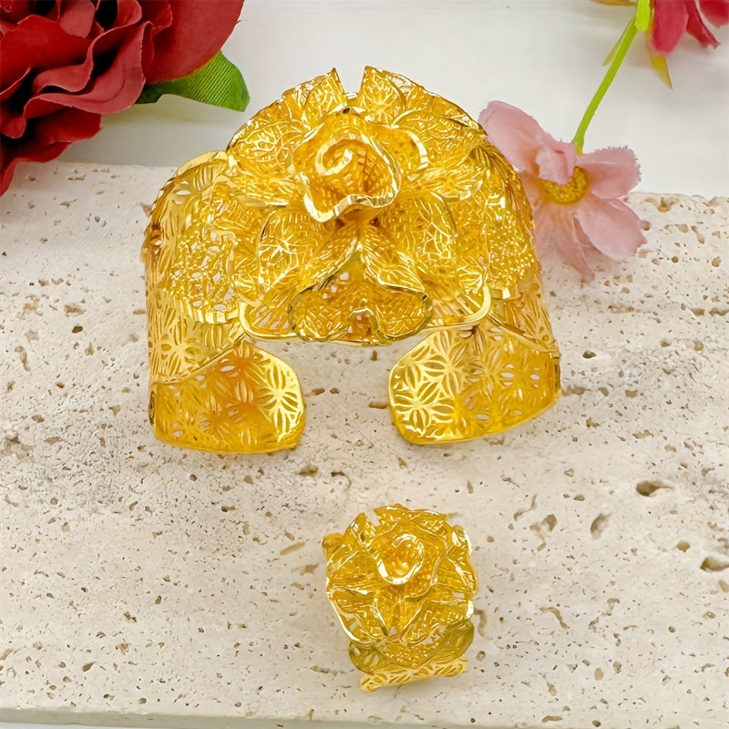 "Zarif Vintage Gul Bo'sh Ochiq Qulf Bilaguzuk va Halqa To'plami, Ayollar uchun 24K Oltin bilan Hashamatli Qoplangan. To'y Partiyalari uchun Mukammal Mis Guli Zargarlik, Toshlarisiz O'zgartiriladigan O'rta Sharq Dubay Uslubi. Har Mavsum uchun Ideal, "