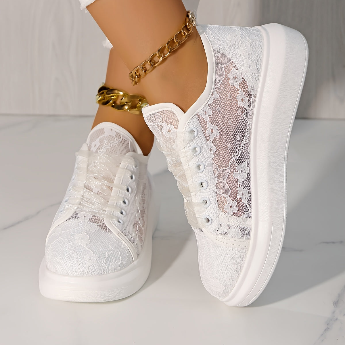 Women's White Floral Lace Mesh Breathable Sneakers for Walking and Travel