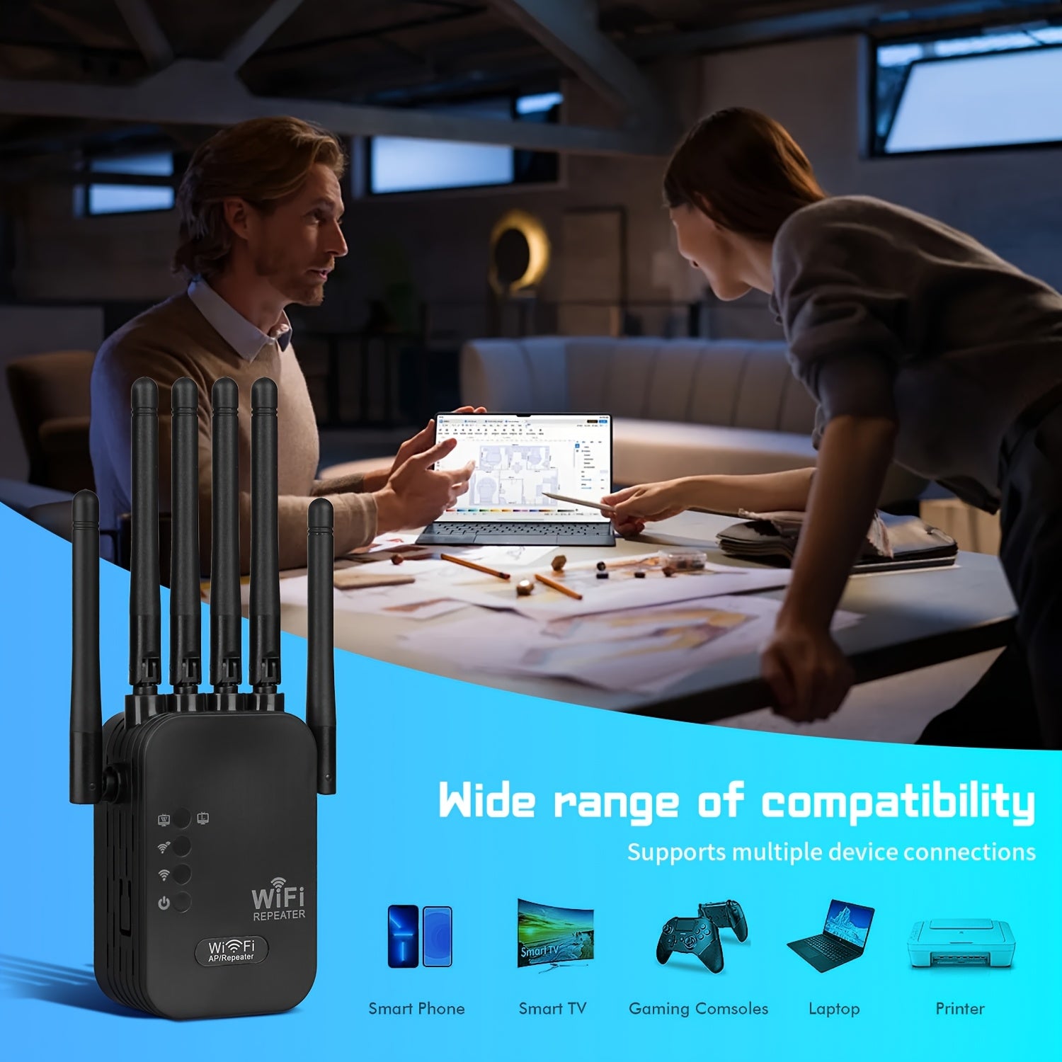 WiFi Extender with 6 Antennas Ethernet Port 2-in-1 Router for Home Office and Commercial Use