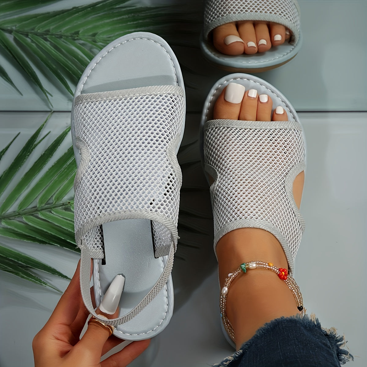 Women's Mesh Flat Sandals Open Toe Slip On Elastic Strap Casual