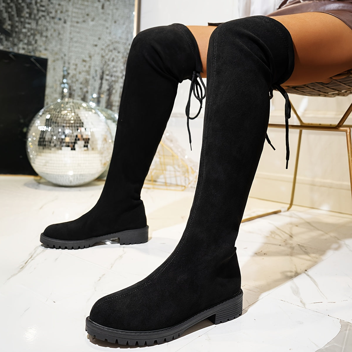 Women's Black Fabric Knee-High Boots with Flat Heel and PVC Sole